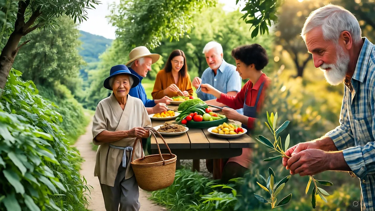 Elderly residents of a Mediterranean village socializing outdoors at a communal table
