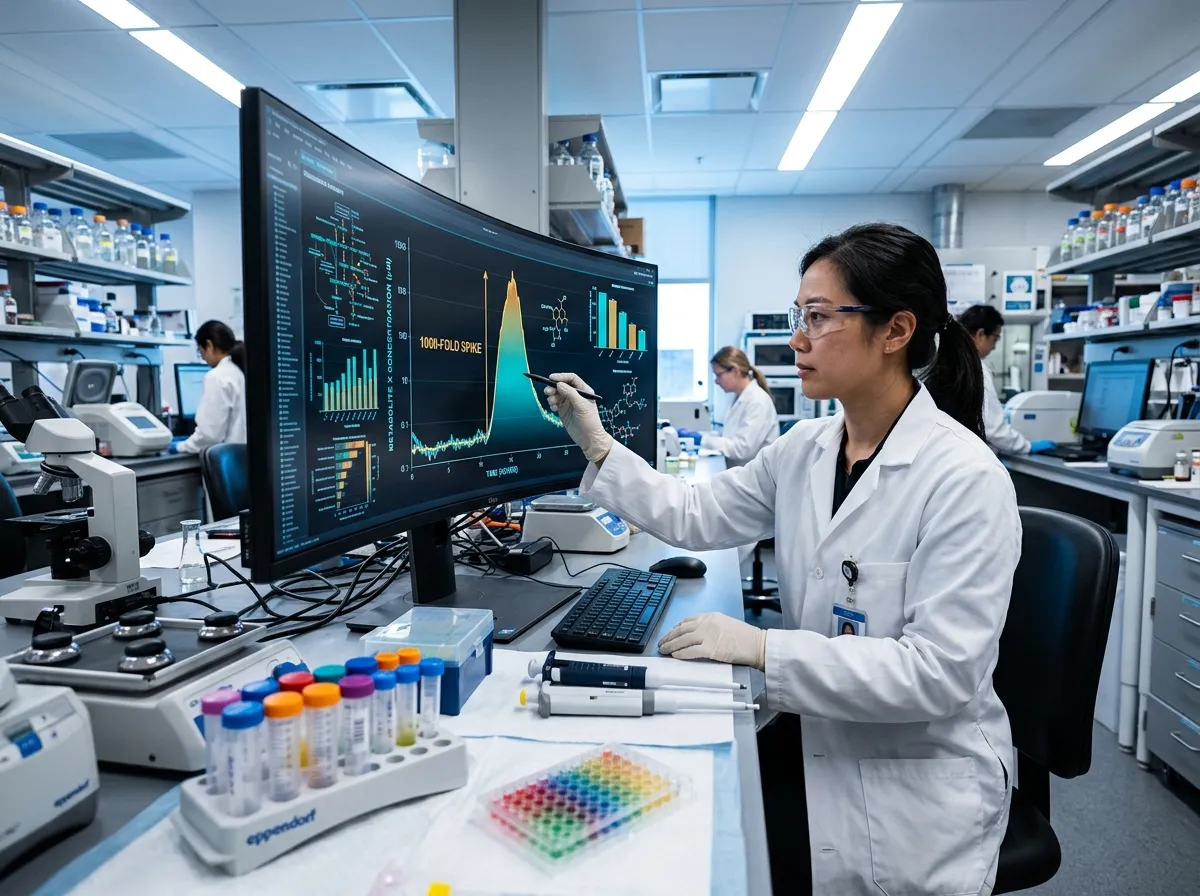 Laboratory setting with a researcher analyzing molecular data on a glowing screen