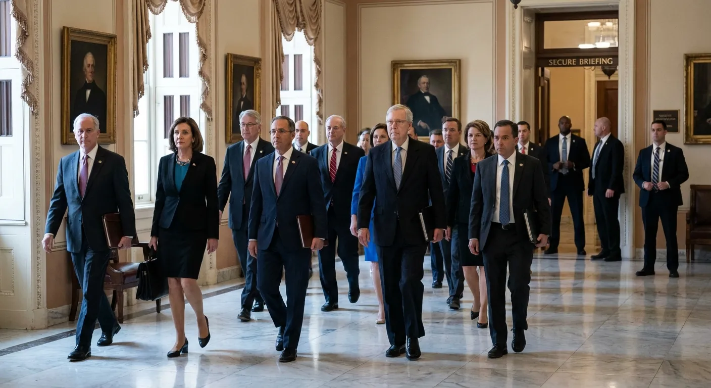 Senators gathering outside secure briefing room in Capitol building