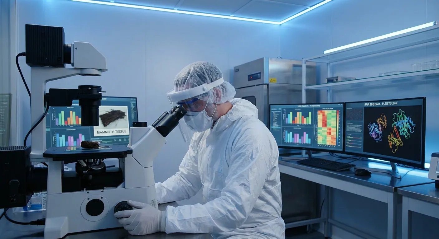 Laboratory scientist examining ancient tissue samples under specialized microscope