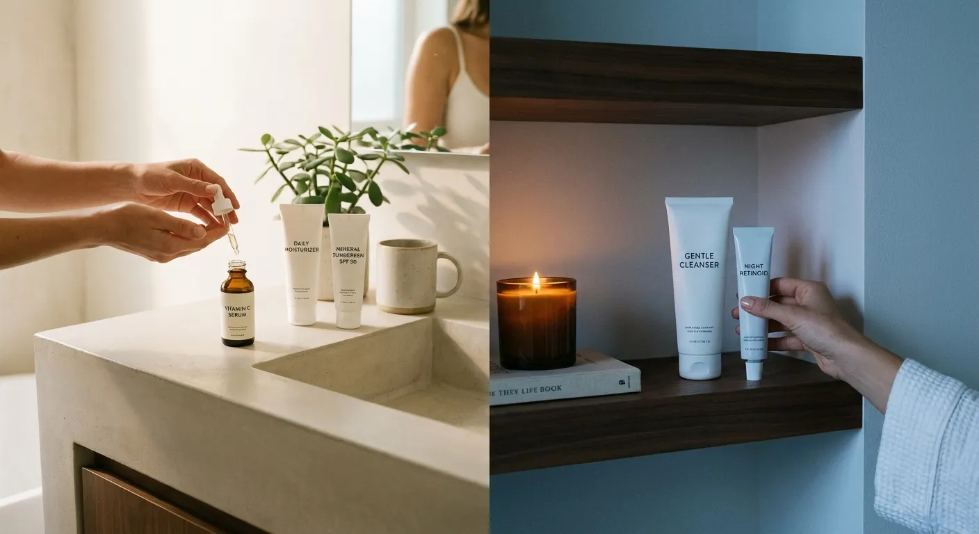 Simple organized skincare routine displayed morning and evening with minimal products