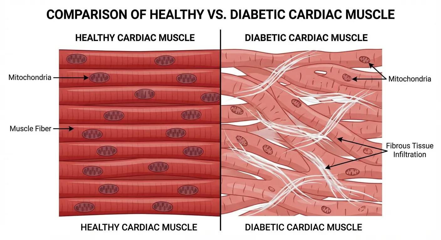 Comparison of healthy heart muscle fibers versus diabetic heart tissue showing fibrous buildup