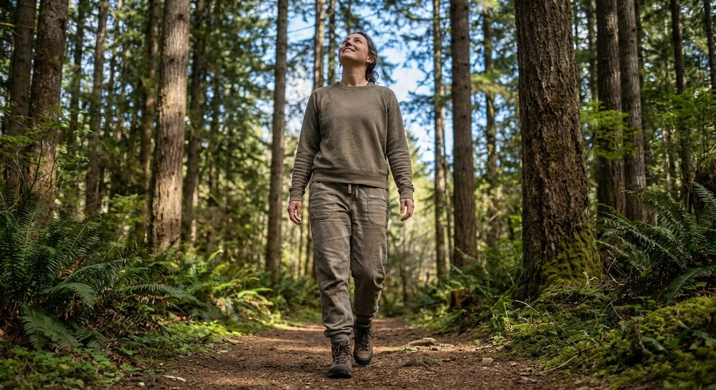 Person taking a peaceful walk in nature without headphones or devices