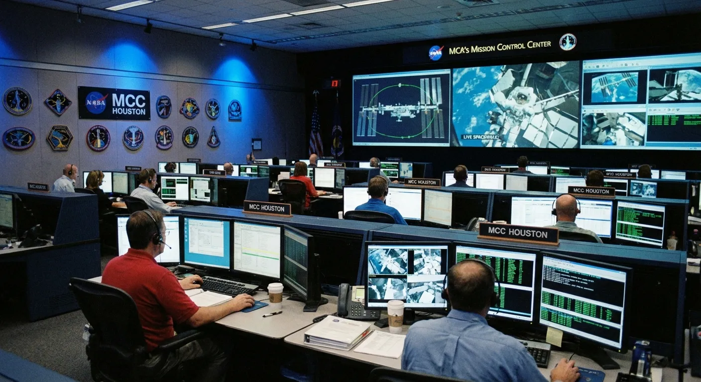 NASA Mission Control room with flight controllers monitoring displays