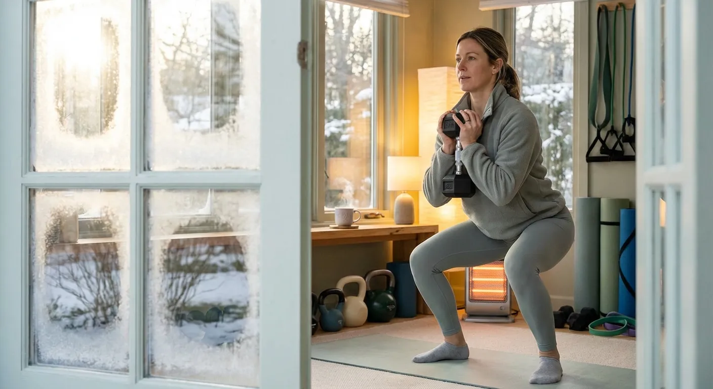 Person performing dumbbell exercises in a home gym with winter light through window