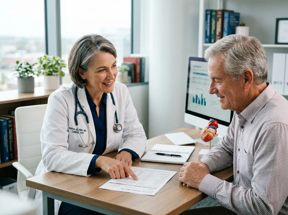 Doctor and patient reviewing cholesterol test results in a clinical consultation setting