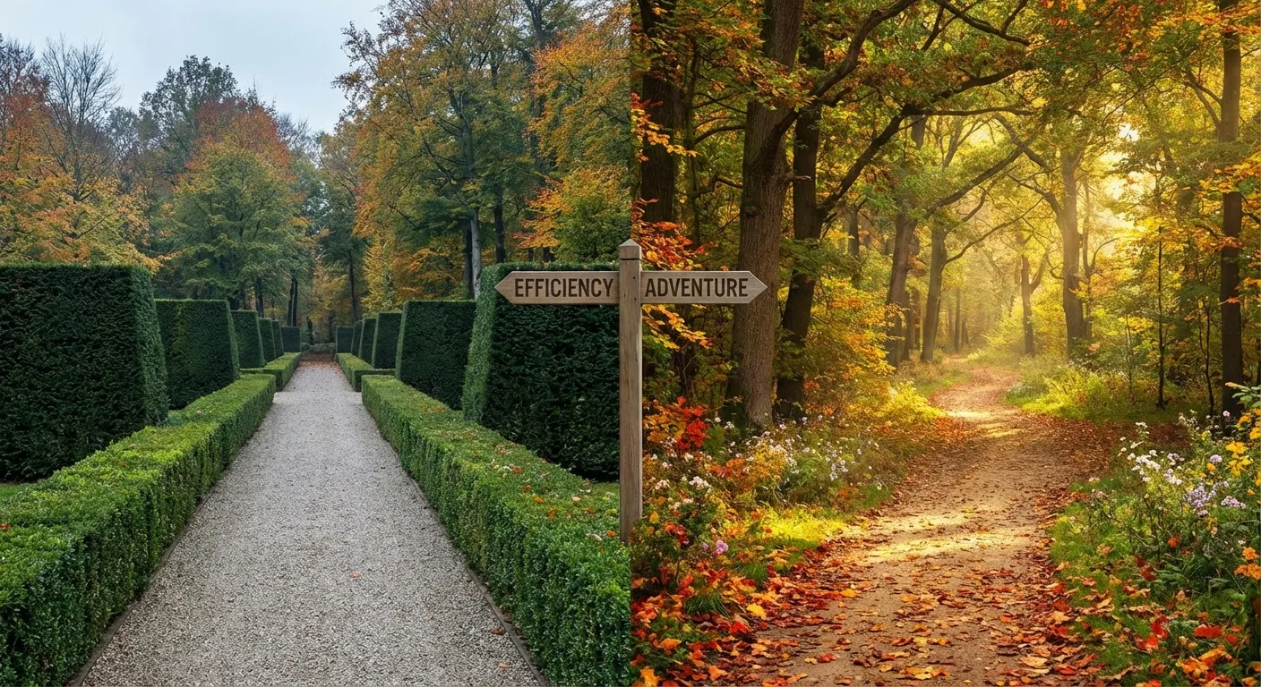 Two paths diverging in a forest, one manicured and one naturally overgrown but inviting