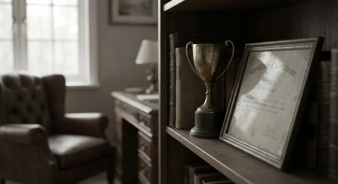 Award or trophy on shelf gathering dust, slightly out of focus