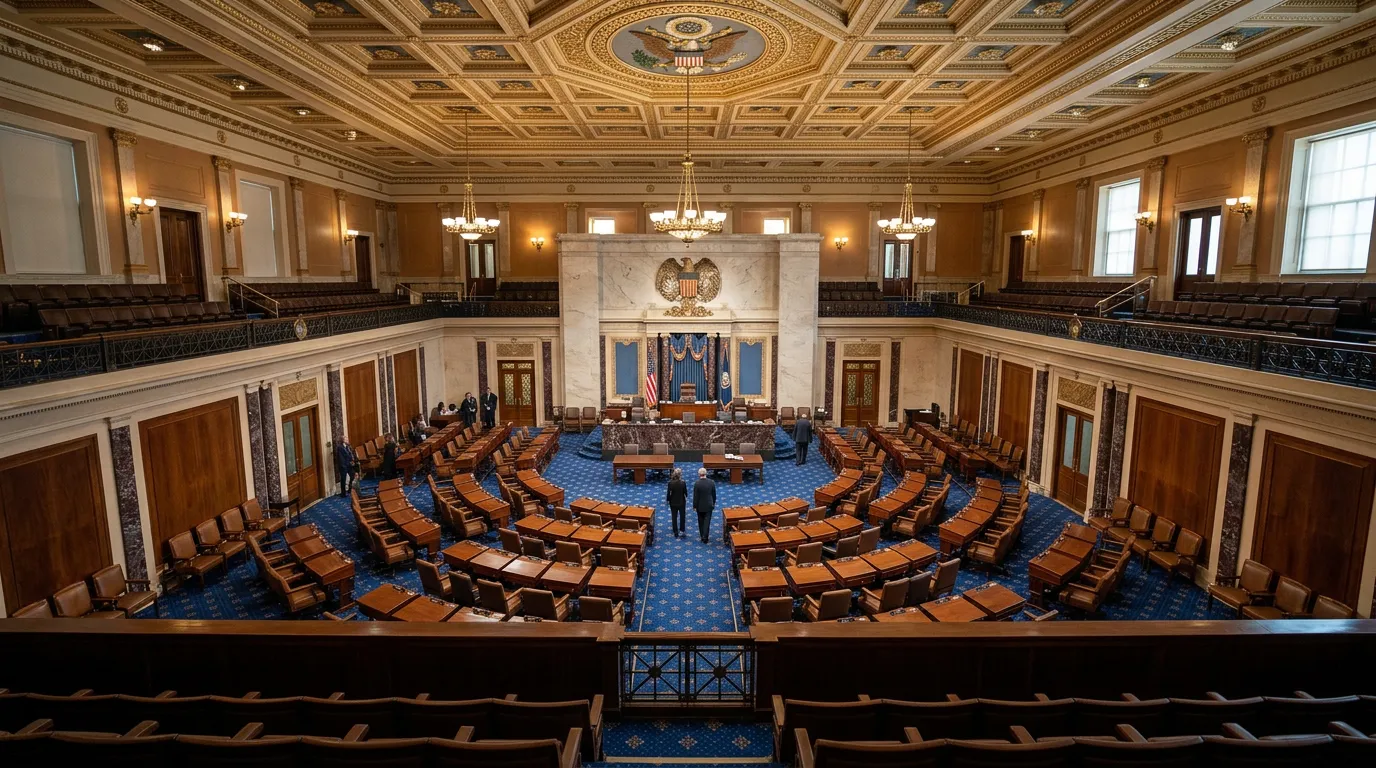 The United States Senate chamber viewed from above with empty seats
