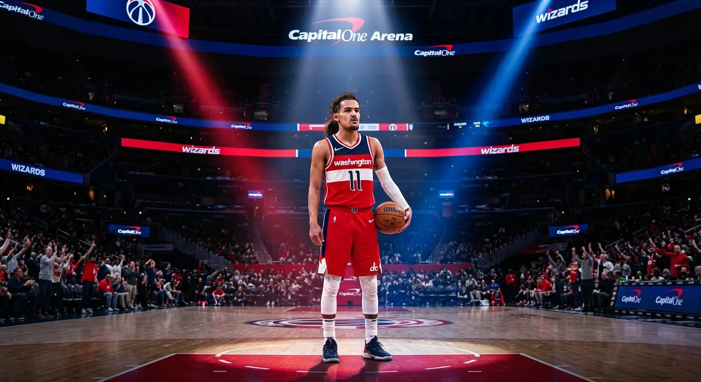 Trae Young in Washington Wizards uniform holding basketball at Capital One Arena