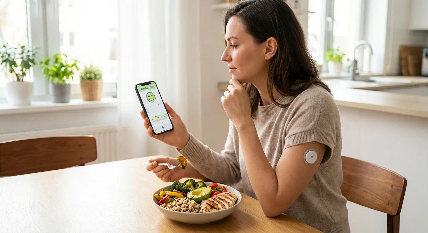 Person using a continuous glucose monitor app on smartphone while eating a healthy meal