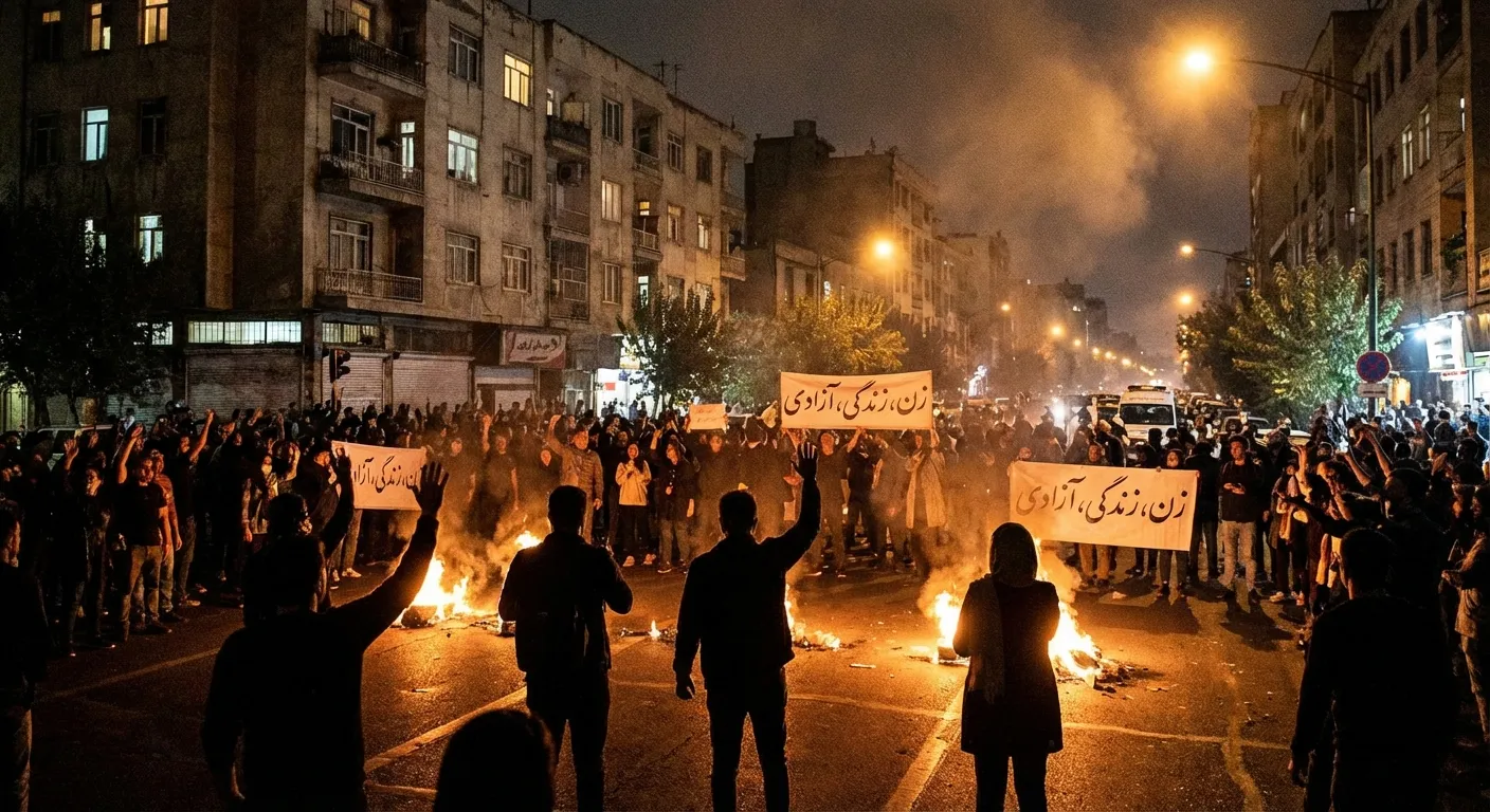 Protesters gathering in Iranian streets at night with fires burning and crowds visible