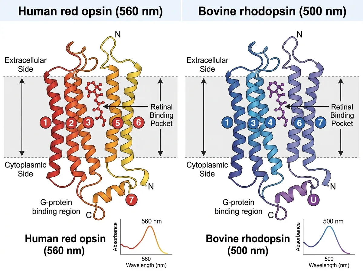 Side by side diagram of mammalian red opsin and dragonfly red opsin showing identical tuning residues