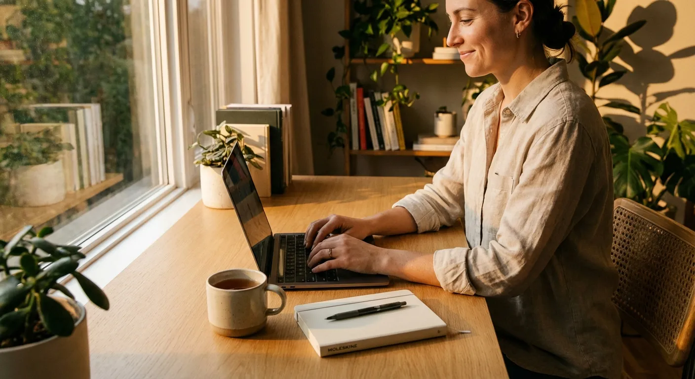 Person working contentedly at a desk by a window with late afternoon golden light