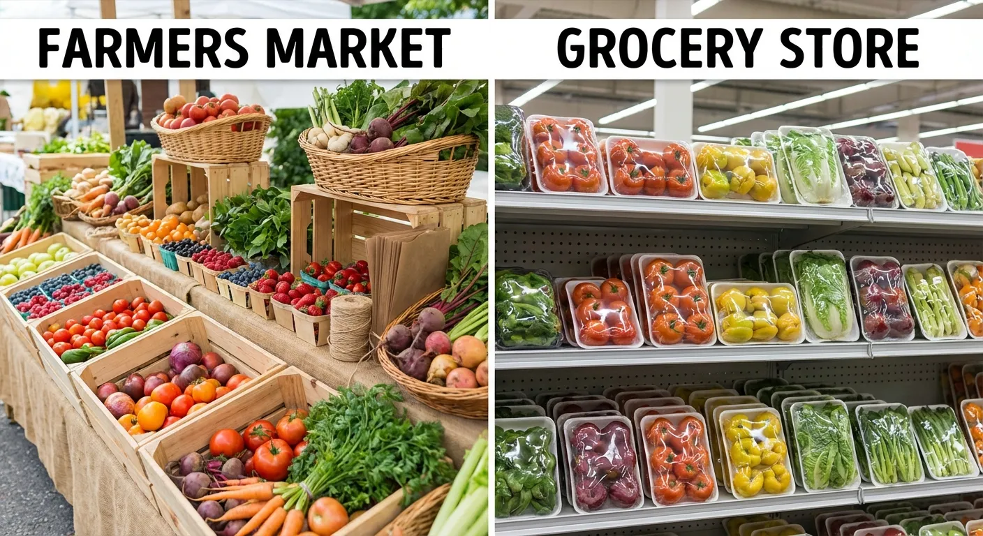 Fresh produce at farmers market compared to plastic-wrapped grocery store items