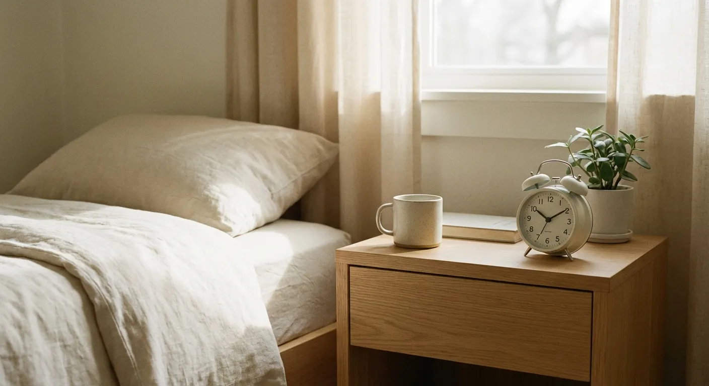 A simple analog alarm clock on a bedside table in a calm bedroom