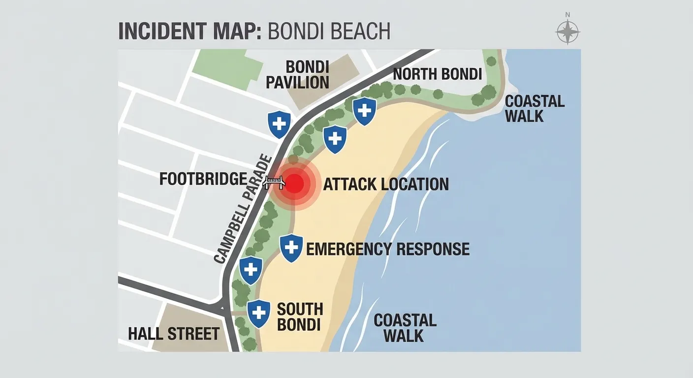 Map showing Bondi Beach location with attack site and emergency response positions marked
