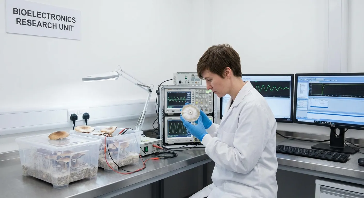Scientist examining fungal bioelectronics setup in research laboratory