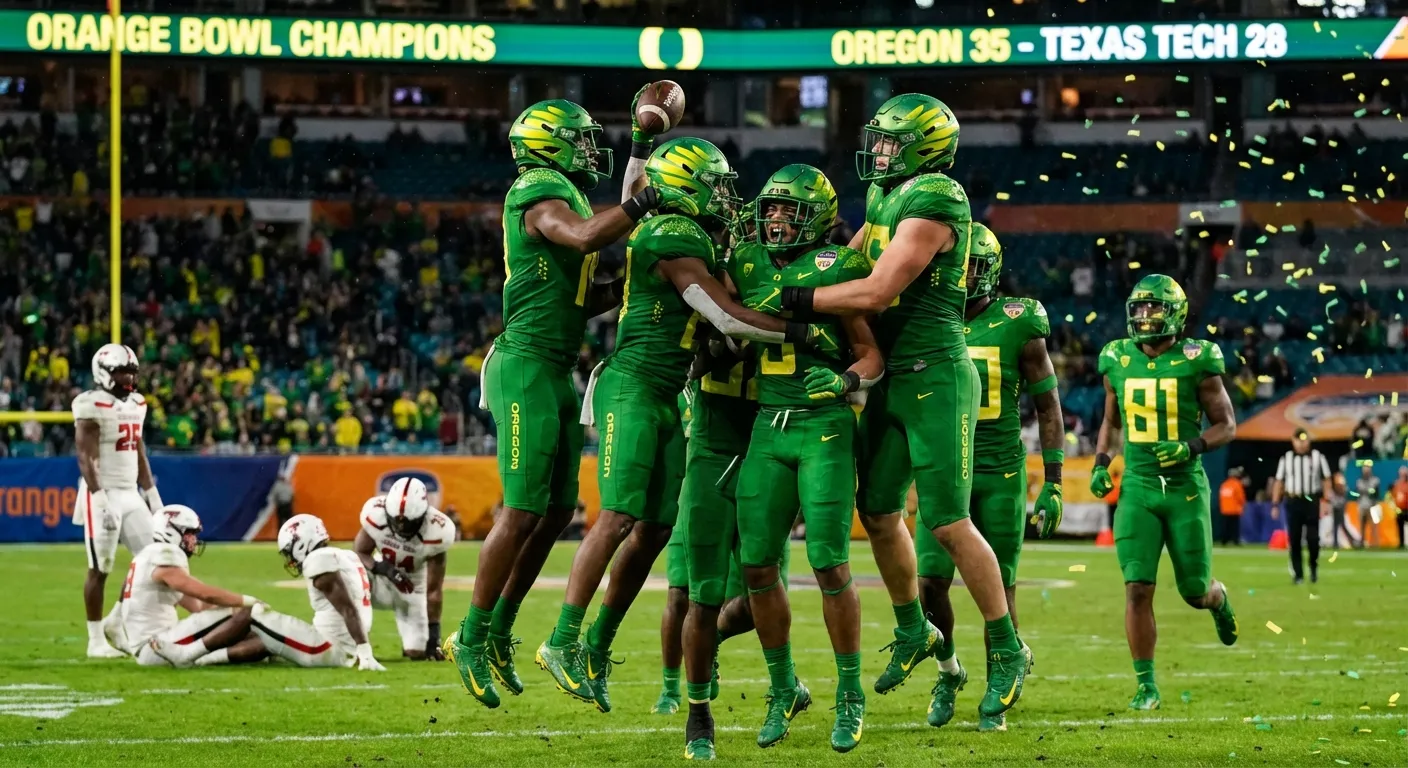 Oregon Ducks defense celebrating after Orange Bowl shutout of Texas Tech