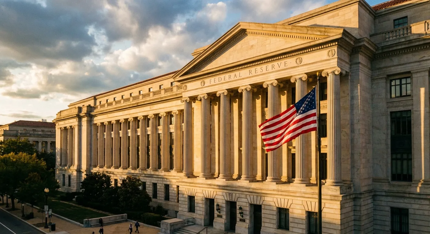 Federal Reserve building exterior with dramatic lighting