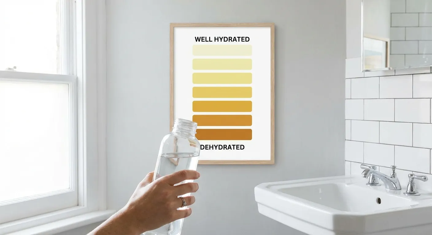 Person checking urine color chart to assess hydration status with water bottle nearby