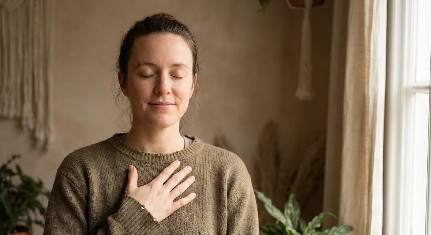Person placing hand on heart in gesture of self-compassion with peaceful expression