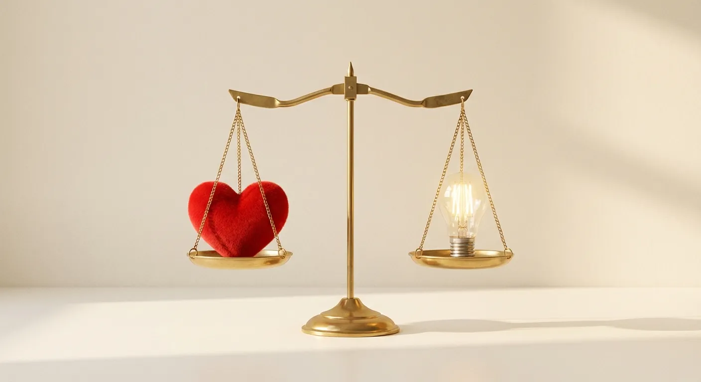 Scale balancing heart symbol and lightbulb representing compassion and insight