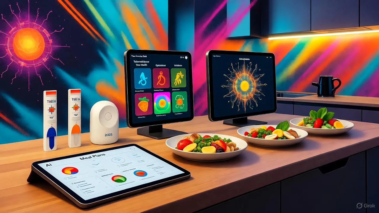 DNA double helix intertwined with colorful fruits and vegetables representing personalized nutrition