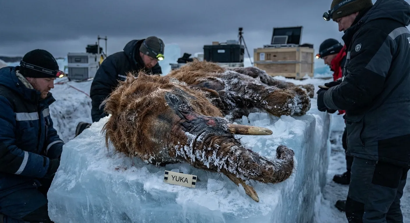 Preserved woolly mammoth calf emerging from permafrost ice with reddish-brown fur visible