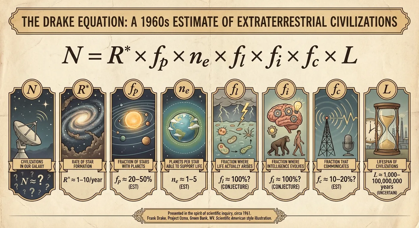 Visual representation of the Drake Equation with updated 2026 estimates for each term