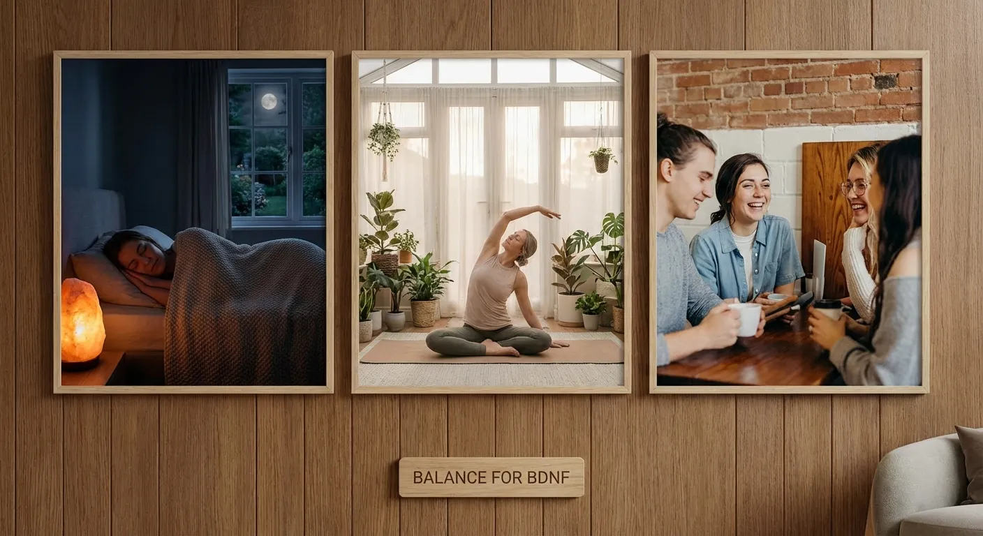 Peaceful scene showing sleep, meditation, and social connection supporting brain health