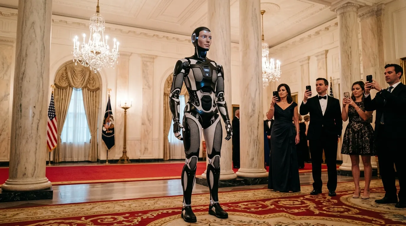 A sleek humanoid robot standing in the White House Cross Hall as international delegates photograph the moment