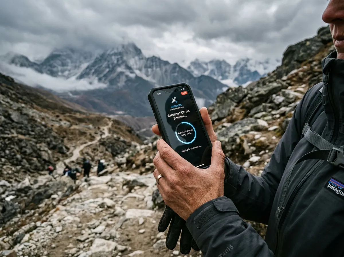 Smartphone screen showing a satellite emergency message being sent from a remote mountain trail