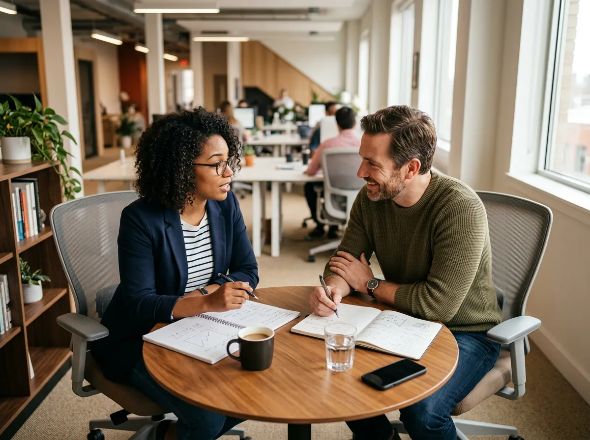 Small group having a focused one-on-one meeting instead of a large conference room
