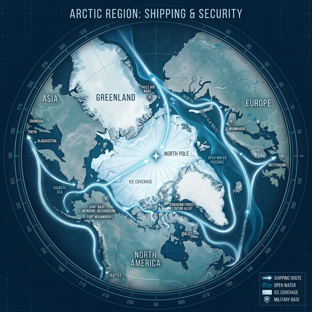 Map showing Arctic shipping routes and Greenland's strategic position