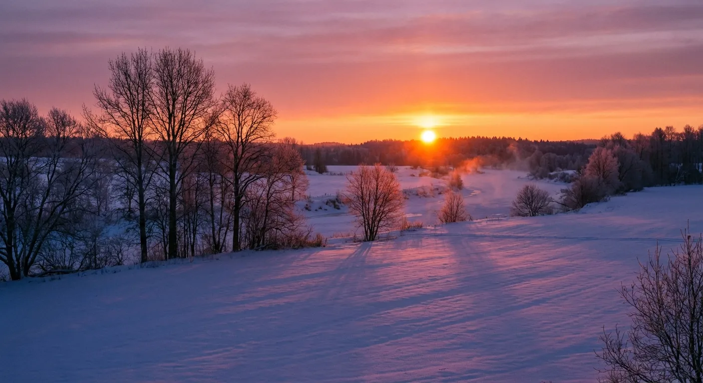 Sun low on horizon over snowy winter landscape at dawn