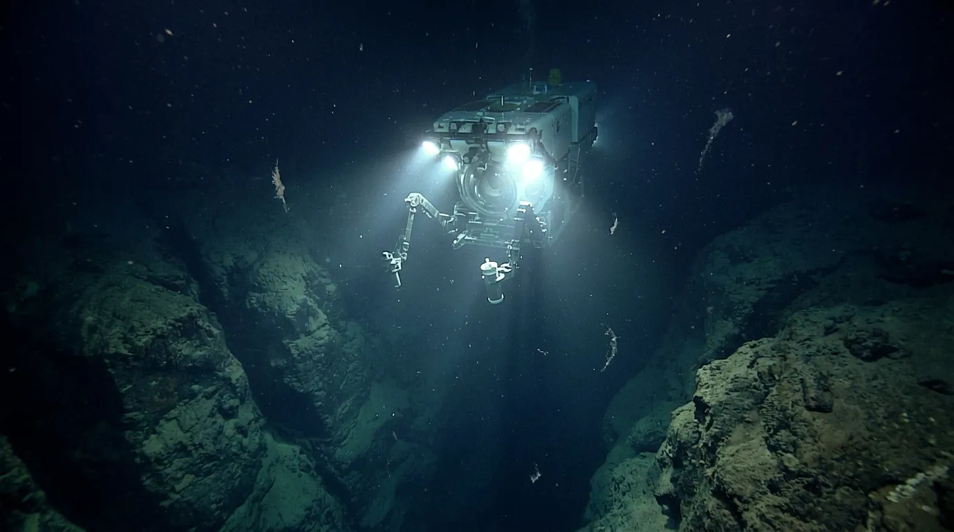 Research submersible exploring deep ocean trench with spotlights illuminating the depths