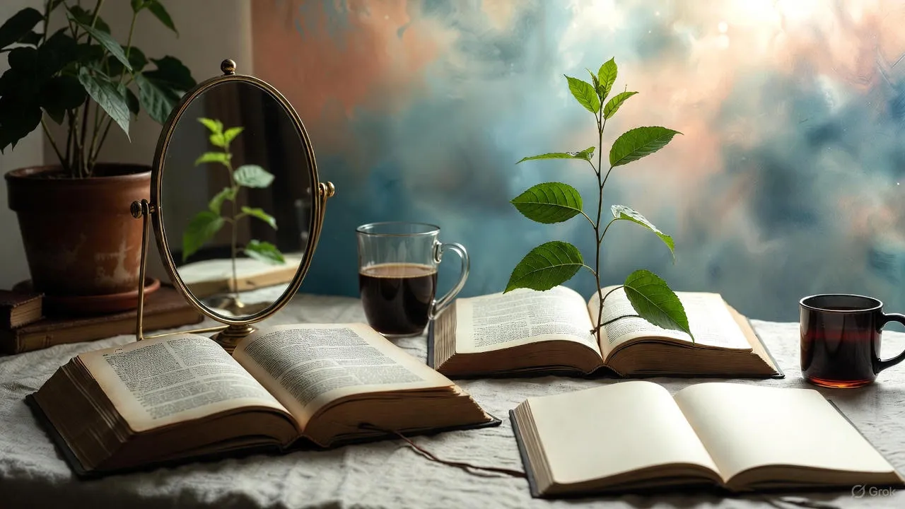 Person writing in journal with old photographs nearby symbolizing narrative transformation