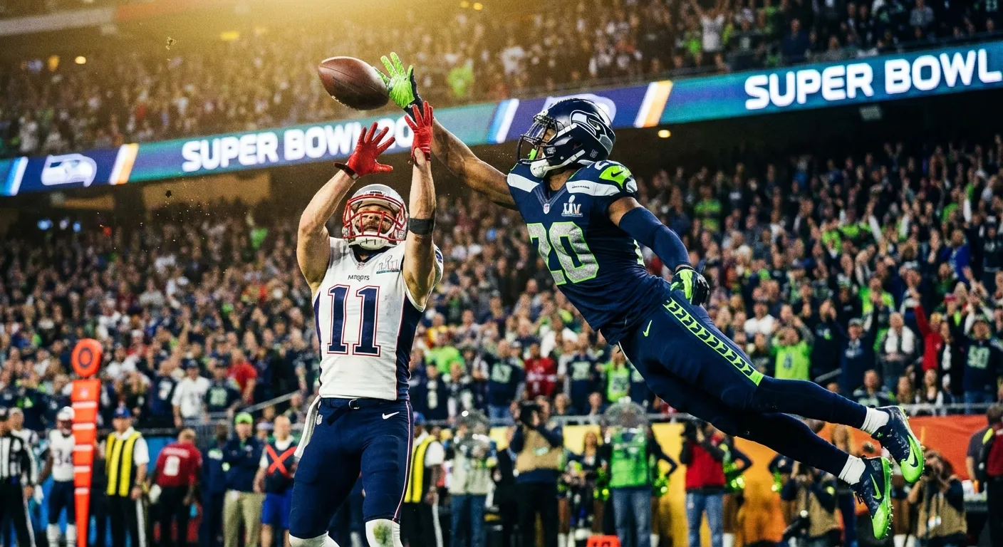 NFL defensive back breaking up a pass attempt during the Super Bowl