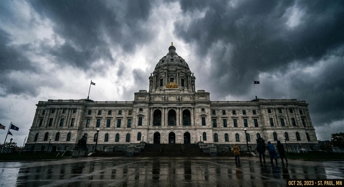 Minnesota State Capitol building under cloudy sky representing political conflict