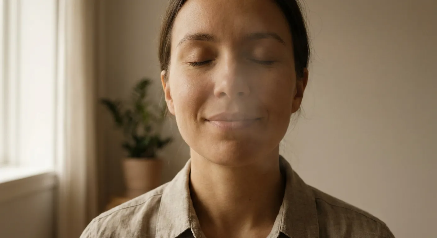 Person practicing controlled breathing with calm focused expression demonstrating CO2 tolerance