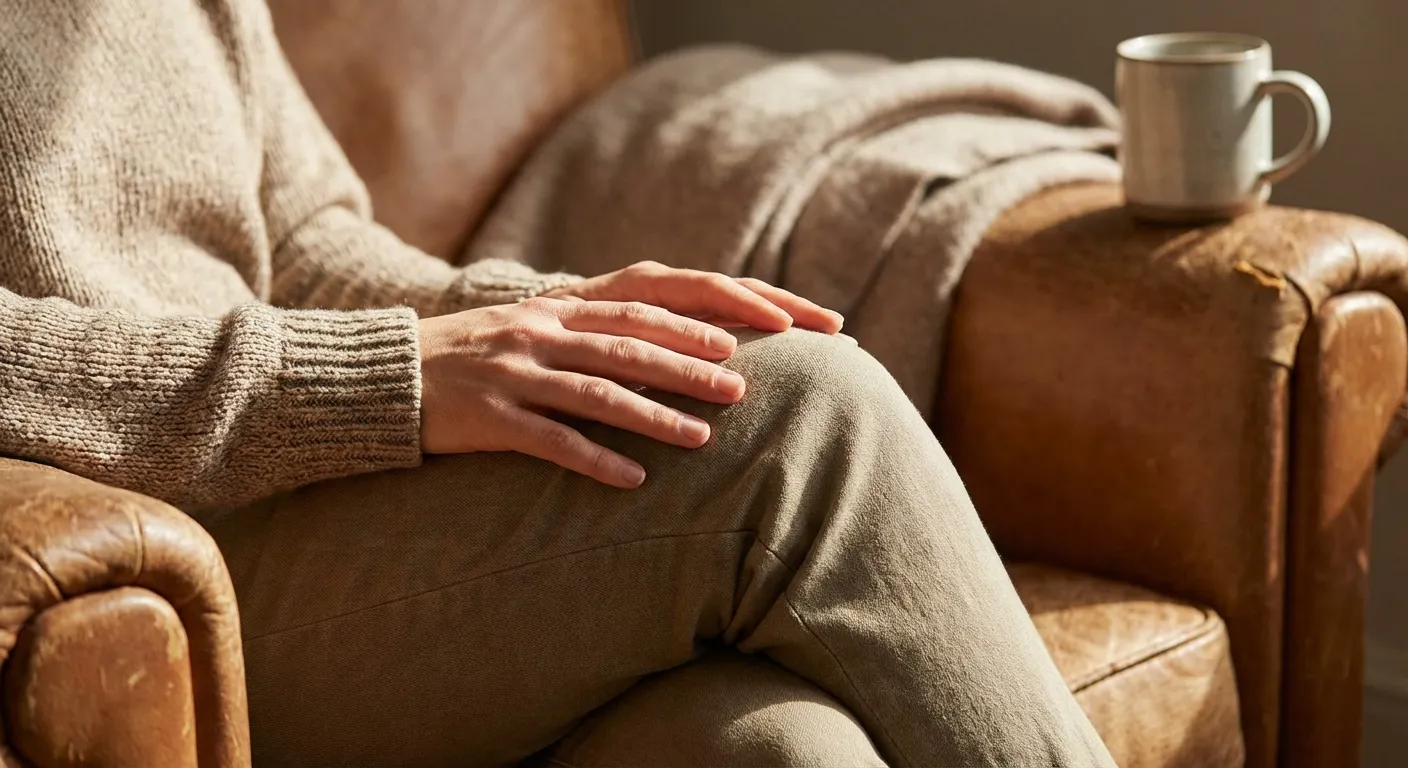 Close-up of hands resting gently on knees in a relaxed meditation posture
