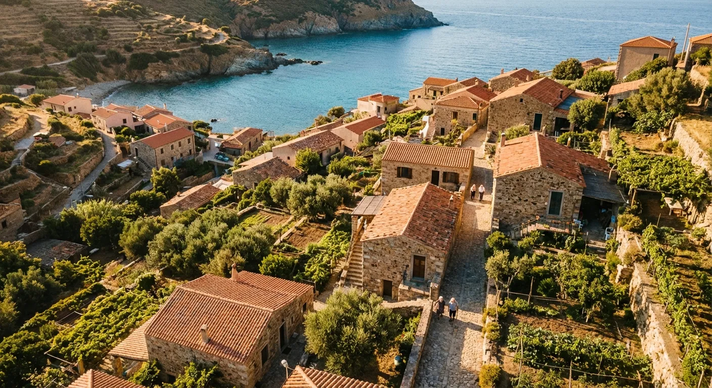 Aerial view of a Mediterranean coastal village representing the Sardinian blue zone lifestyle