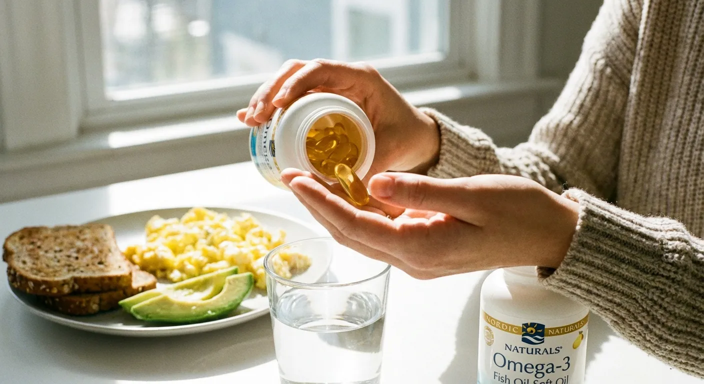 Person taking fish oil supplement capsule with glass of water at breakfast table