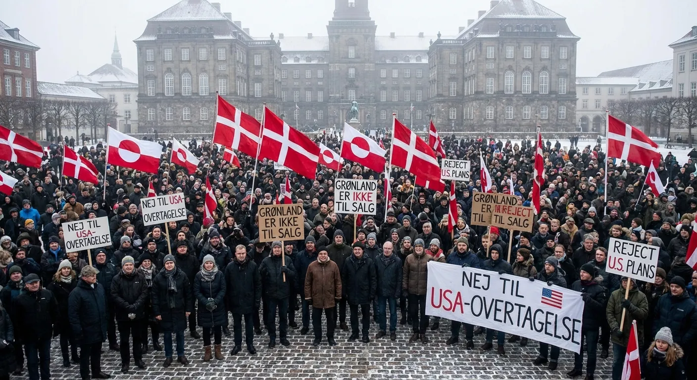 Protesters in Copenhagen holding Danish and Greenlandic flags against US acquisition