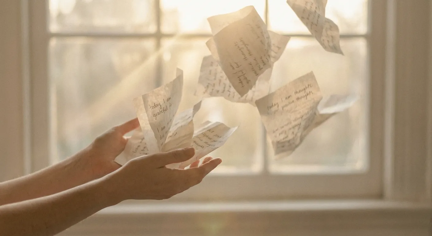Hands releasing crumpled gratitude journal pages into the air with soft light