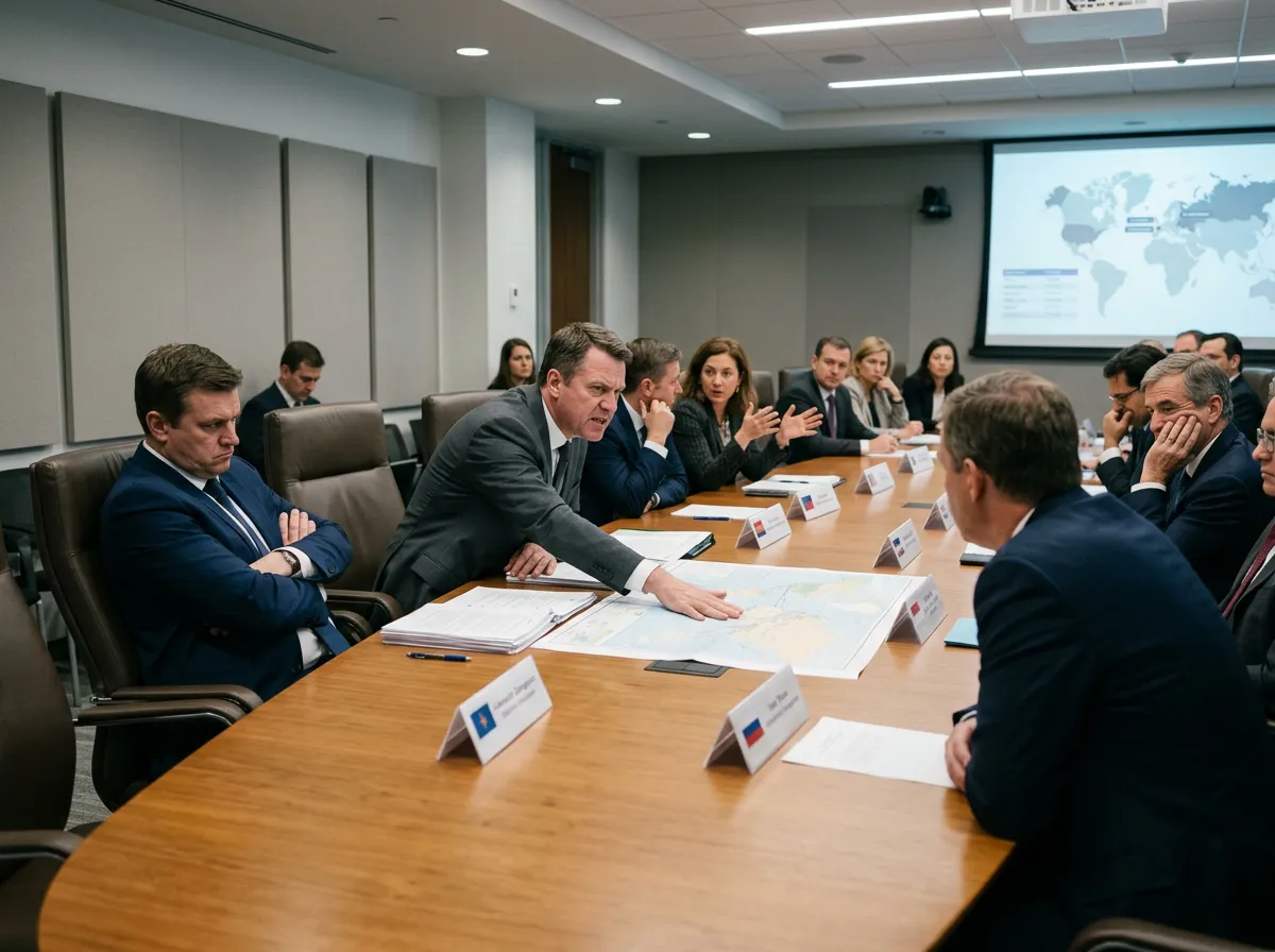 Diplomats and officials gathered around a conference table reviewing documents