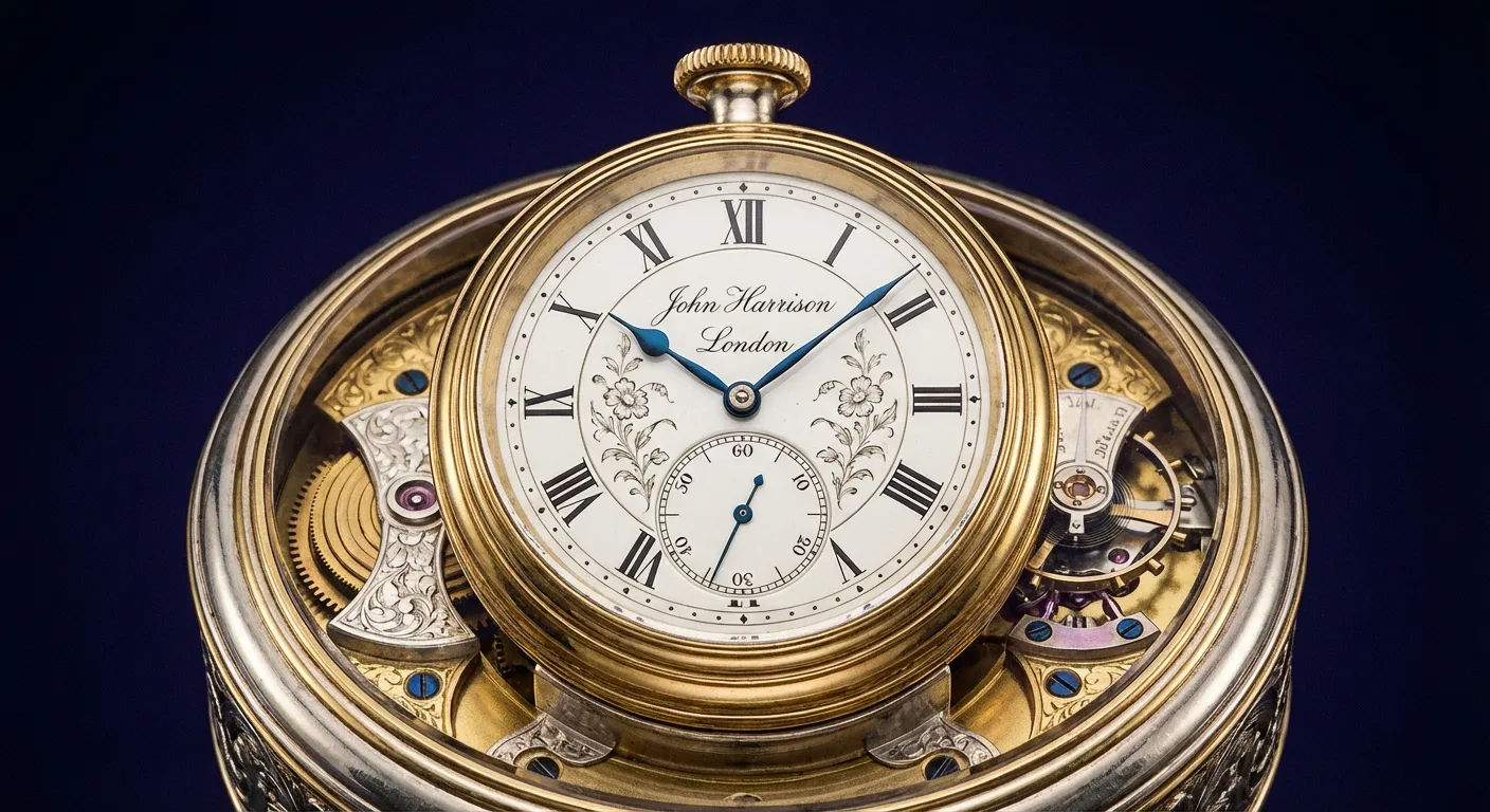 Harrison's H4 marine chronometer showing intricate watchmaking and craftsmanship
