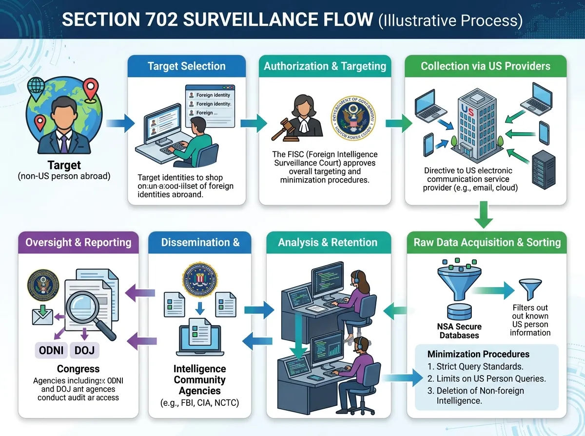 Diagram showing how Section 702 surveillance collects foreign and incidental American communications