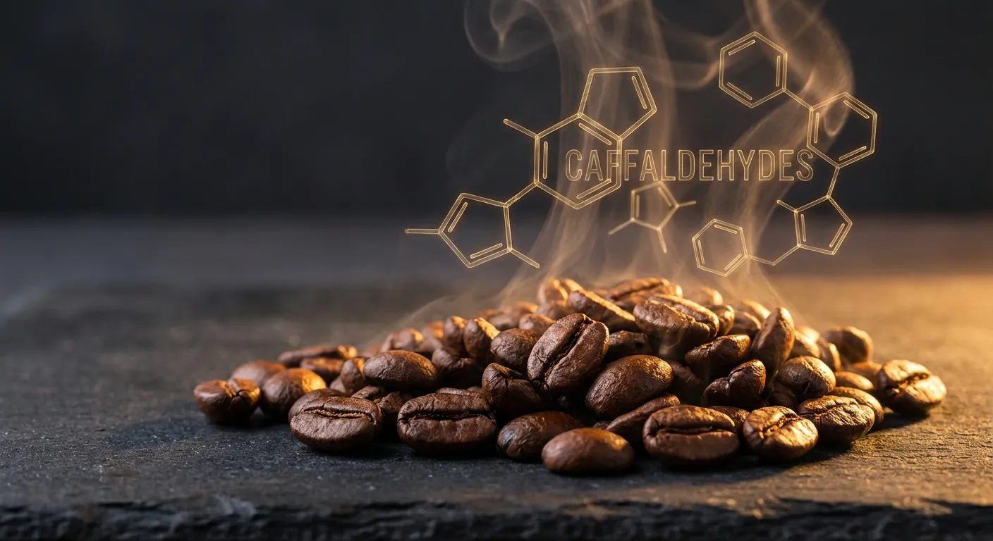 Close-up of dark roasted coffee beans with molecular structure overlay representing bioactive compounds